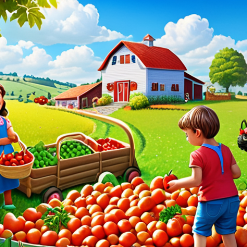 Home 15 **A vibrant, cartoon-style farm scene. Children are happily harvesting colorful fruits and vegetables (carrots, tomatoes, apples, berries). In the background, a sunny sky and a charming farmhouse. The style is inviting and playful.**