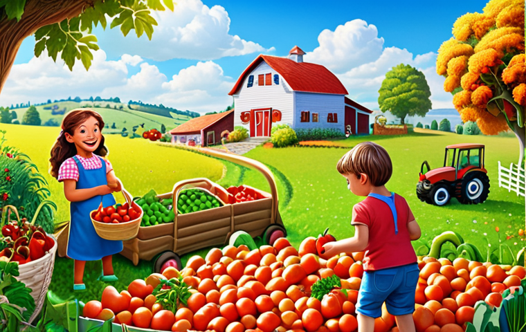 **A vibrant, cartoon-style farm scene. Children are happily harvesting colorful fruits and vegetables (carrots, tomatoes, apples, berries). In the background, a sunny sky and a charming farmhouse. The style is inviting and playful.**