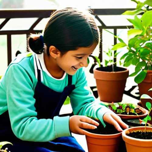 Home 14 A joyful child, approximately 7 years old, wearing modest, comfortable clothing, is gently planting a small green seedling into a terracotta pot. An adult, also fully clothed in appropriate attire, is patiently guiding the child's hands. They are on a sunlit balcony, which is a vibrant, well-maintained home garden filled with various potted plants, blooming flowers, and lush green foliage in the background. The scene is illuminated by soft, natural light, conveying a sense of peace and learning. perfect anatomy, correct proportions, natural pose, well-formed hands, proper finger count, natural body proportions, professional photography, high quality, safe for work, appropriate content, fully clothed, modest, family-friendly.