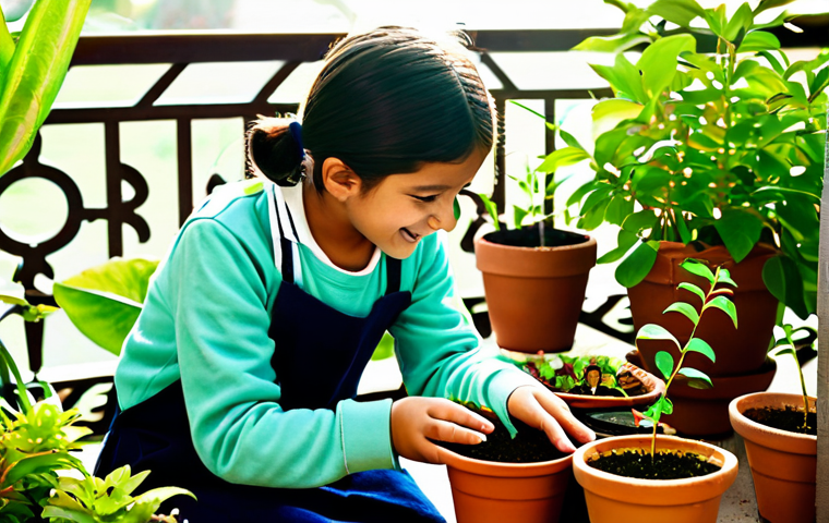 A joyful child, approximately 7 years old, wearing modest, comfortable clothing, is gently planting a small green seedling into a terracotta pot. An adult, also fully clothed in appropriate attire, is patiently guiding the child's hands. They are on a sunlit balcony, which is a vibrant, well-maintained home garden filled with various potted plants, blooming flowers, and lush green foliage in the background. The scene is illuminated by soft, natural light, conveying a sense of peace and learning. perfect anatomy, correct proportions, natural pose, well-formed hands, proper finger count, natural body proportions, professional photography, high quality, safe for work, appropriate content, fully clothed, modest, family-friendly.