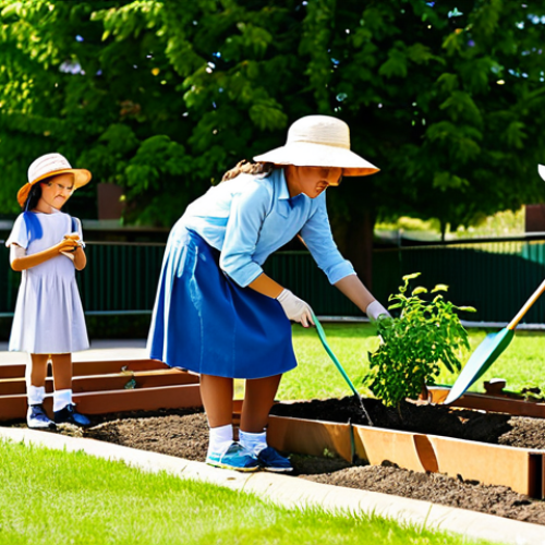 Home 7 A diverse group of cheerful children, aged 7-10, fully clothed in modest, comfortable outdoor attire and sun hats, actively engaged in a vibrant school garden. They are gently planting seedlings and watering young plants in raised garden beds, guided by a friendly, professional teacher in appropriate dress. The setting is a sunny, well-maintained schoolyard with a modern school building visible in the clean background. This image emphasizes hands-on learning and connection to nature. Safe for work, appropriate content, family-friendly, perfect anatomy, correct proportions, natural pose, well-formed hands, proper finger count, natural body proportions, professional photography, high quality, soft natural lighting.