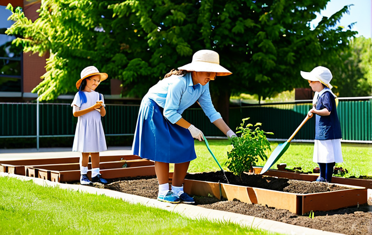 A diverse group of cheerful children, aged 7-10, fully clothed in modest, comfortable outdoor attire and sun hats, actively engaged in a vibrant school garden. They are gently planting seedlings and watering young plants in raised garden beds, guided by a friendly, professional teacher in appropriate dress. The setting is a sunny, well-maintained schoolyard with a modern school building visible in the clean background. This image emphasizes hands-on learning and connection to nature. Safe for work, appropriate content, family-friendly, perfect anatomy, correct proportions, natural pose, well-formed hands, proper finger count, natural body proportions, professional photography, high quality, soft natural lighting.