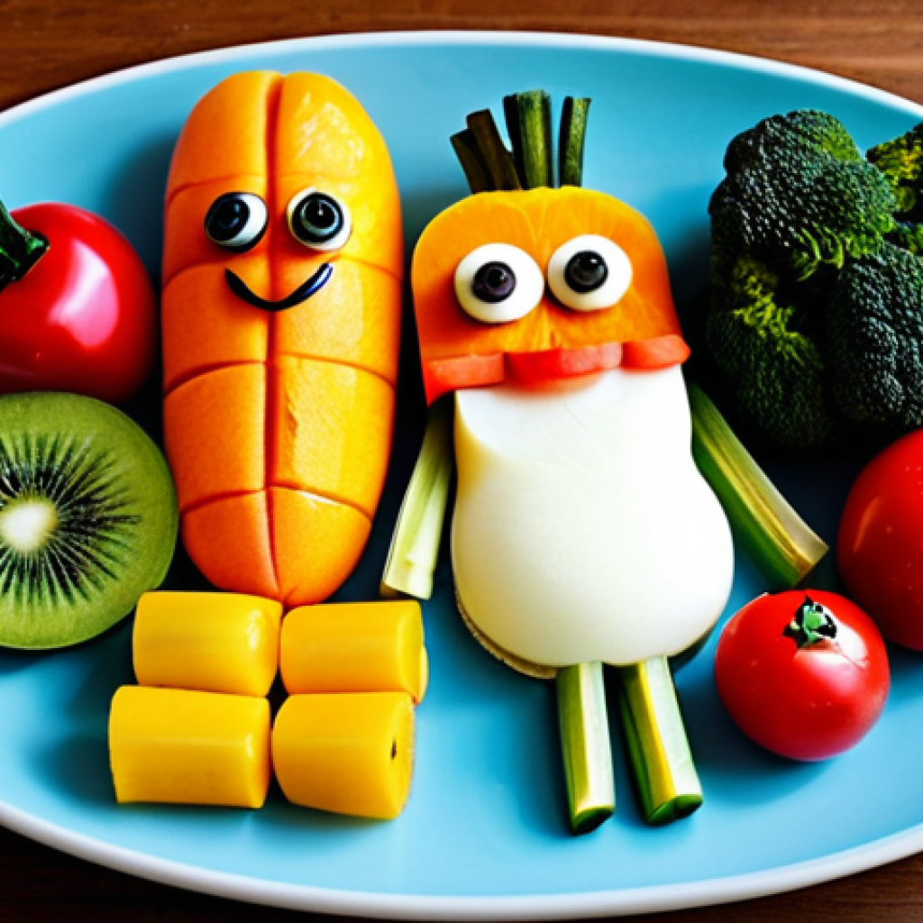 **
"A colorful and playful food arrangement, showcasing various fruits and vegetables shaped into cartoon characters and fun designs on a plate. Bright colors, whimsical presentation, professional food photography, perfect anatomy (of arranged food items), natural proportions (of arranged food items), family-friendly, safe for work, appropriate content, fully clothed (conceptually; food doesn't wear clothes)."
**