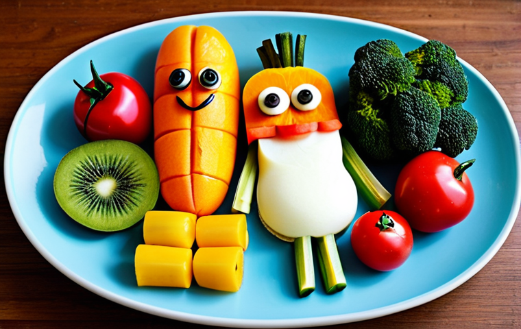 **

"A colorful and playful food arrangement, showcasing various fruits and vegetables shaped into cartoon characters and fun designs on a plate.  Bright colors, whimsical presentation, professional food photography, perfect anatomy (of arranged food items), natural proportions (of arranged food items), family-friendly, safe for work, appropriate content, fully clothed (conceptually; food doesn't wear clothes)."

**