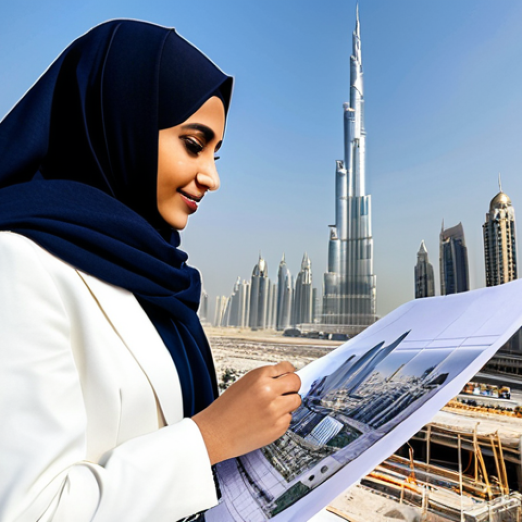 **
A professional female architect, fully clothed in a modern, modest hijab and stylish business attire, reviewing blueprints on a construction site in Dubai. The background shows the iconic Burj Khalifa. Safe for work, appropriate content, perfect anatomy, natural pose, high-quality rendering.
**