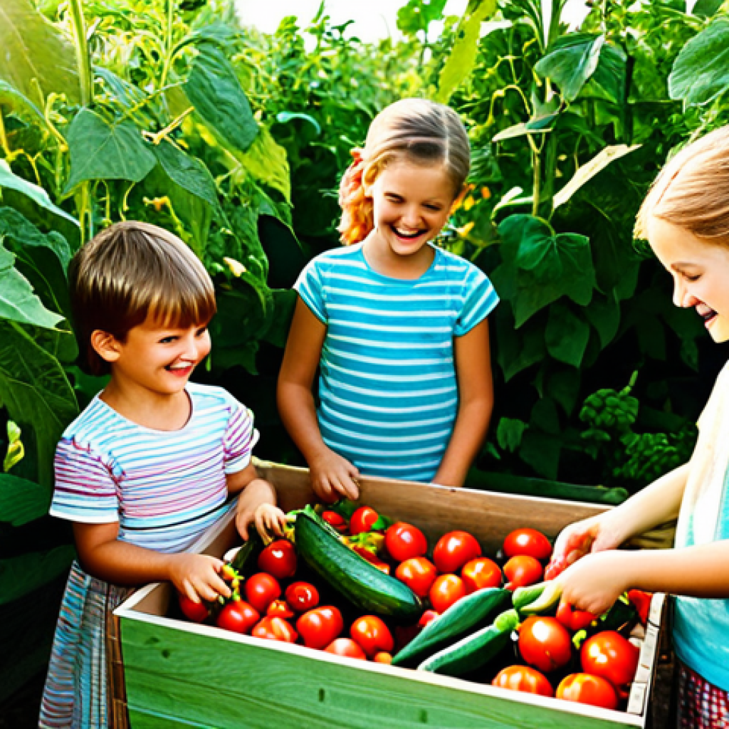 재미있는 식품 교육을 위한 커뮤니티 활동 - Garden to Table Joy**
"A group of fully clothed children in modest clothing are happily harvesting ...