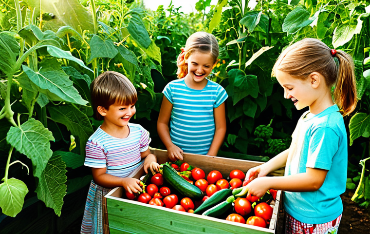 재미있는 식품 교육을 위한 커뮤니티 활동 - Garden to Table Joy**
"A group of fully clothed children in modest clothing are happily harvesting ...
