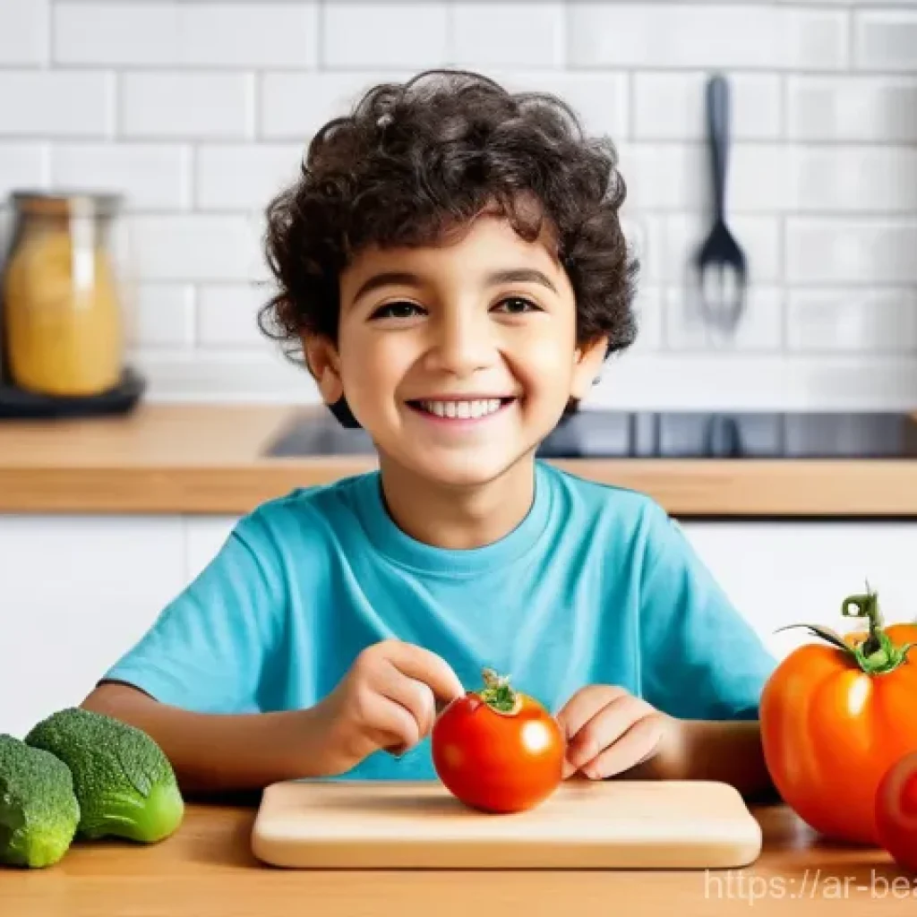 어린이를 위한 식품 관련 앱 제작하기 - **Prompt:** A joyful and curious Arab child, approximately 7 years old, with dark hair and a warm sm...