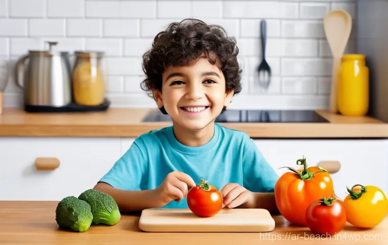 어린이를 위한 식품 관련 앱 제작하기 - **Prompt:** A joyful and curious Arab child, approximately 7 years old, with dark hair and a warm sm...