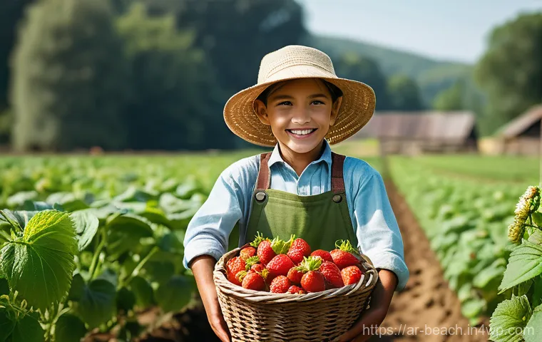 식품 교육을 위한 현장 학습 아이디어 - **Organic Farm Exploration:** A group of cheerful, diverse children, aged 6-10, are joyfully picking...