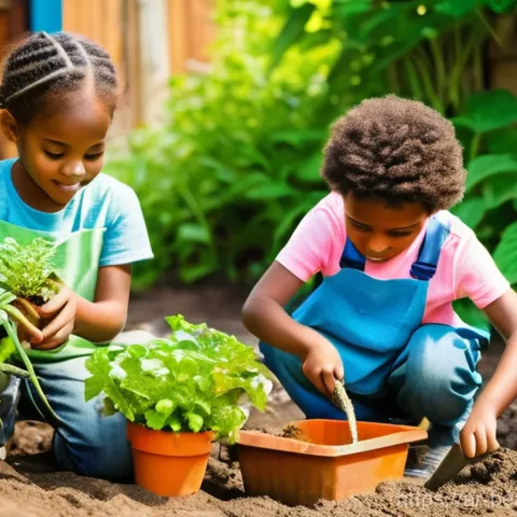 농장에서 식탁까지  어린이를 위한 놀이 학습 - **Prompt:** A group of 3-4 diverse children, aged between 5 and 8, happily engaging in gardening. Th...