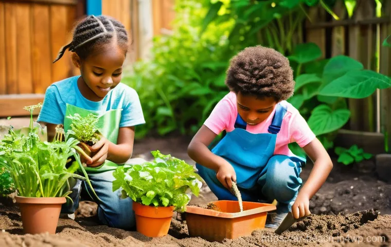 농장에서 식탁까지  어린이를 위한 놀이 학습 - **Prompt:** A group of 3-4 diverse children, aged between 5 and 8, happily engaging in gardening. Th...