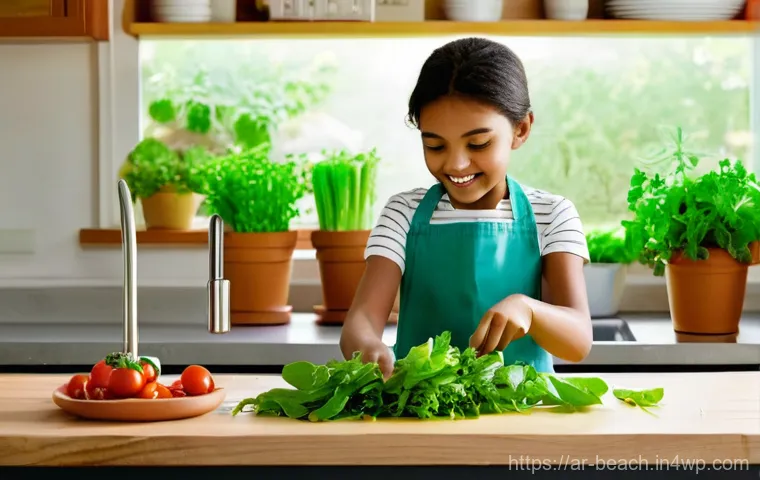 농장에서 식탁까지  어린이를 위한 놀이 학습 - **Prompt:** A group of 3-4 diverse children, aged between 5 and 8, happily engaging in gardening. Th...