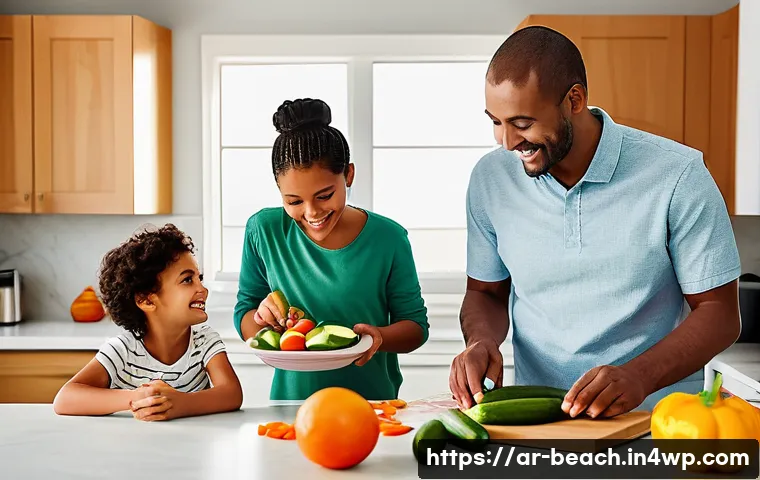 식품 교육을 위한 그룹 활동 아이디어 - **A vibrant, heartwarming scene of a diverse family, including a mother, father, and two children (a...