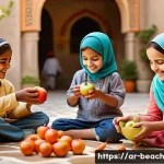 Home 22 식품을 주제로 한 보물찾기 놀이 - A vibrant educational scene set in a sunny Arabic courtyard with children and adults joyfully playin...