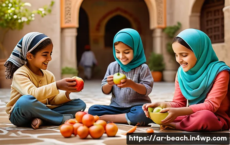 식품을 주제로 한 보물찾기 놀이 - A vibrant educational scene set in a sunny Arabic courtyard with children and adults joyfully playin...