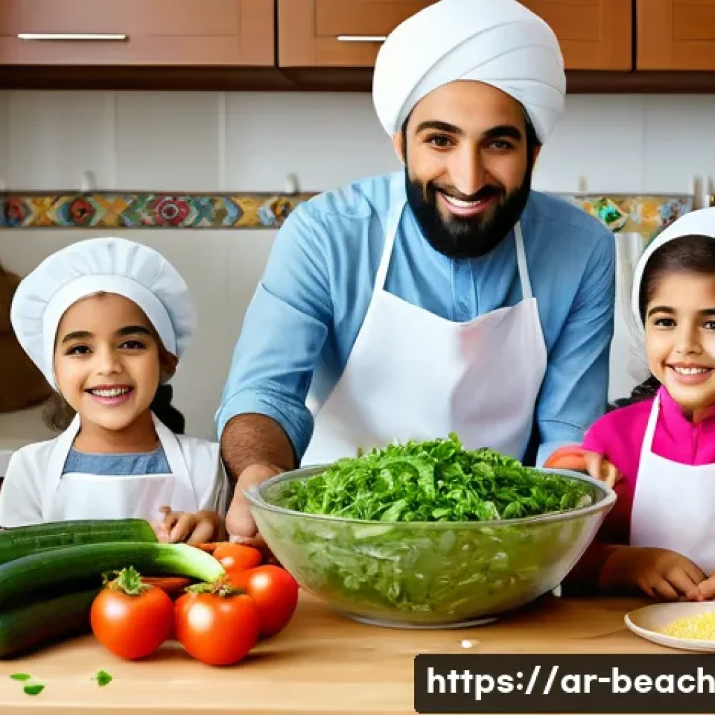 놀이를 활용한 식사 준비 교육 - A warm and inviting Middle Eastern kitchen scene featuring a family of Arabic descent preparing a co...