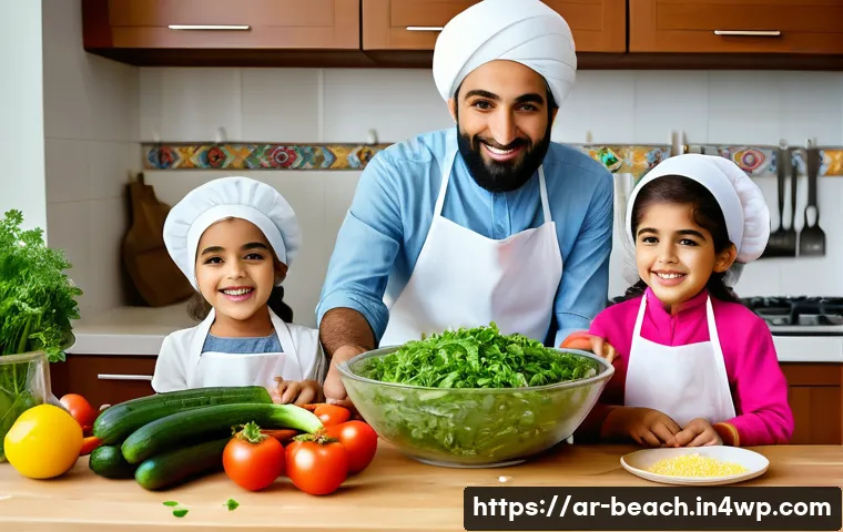 놀이를 활용한 식사 준비 교육 - A warm and inviting Middle Eastern kitchen scene featuring a family of Arabic descent preparing a co...