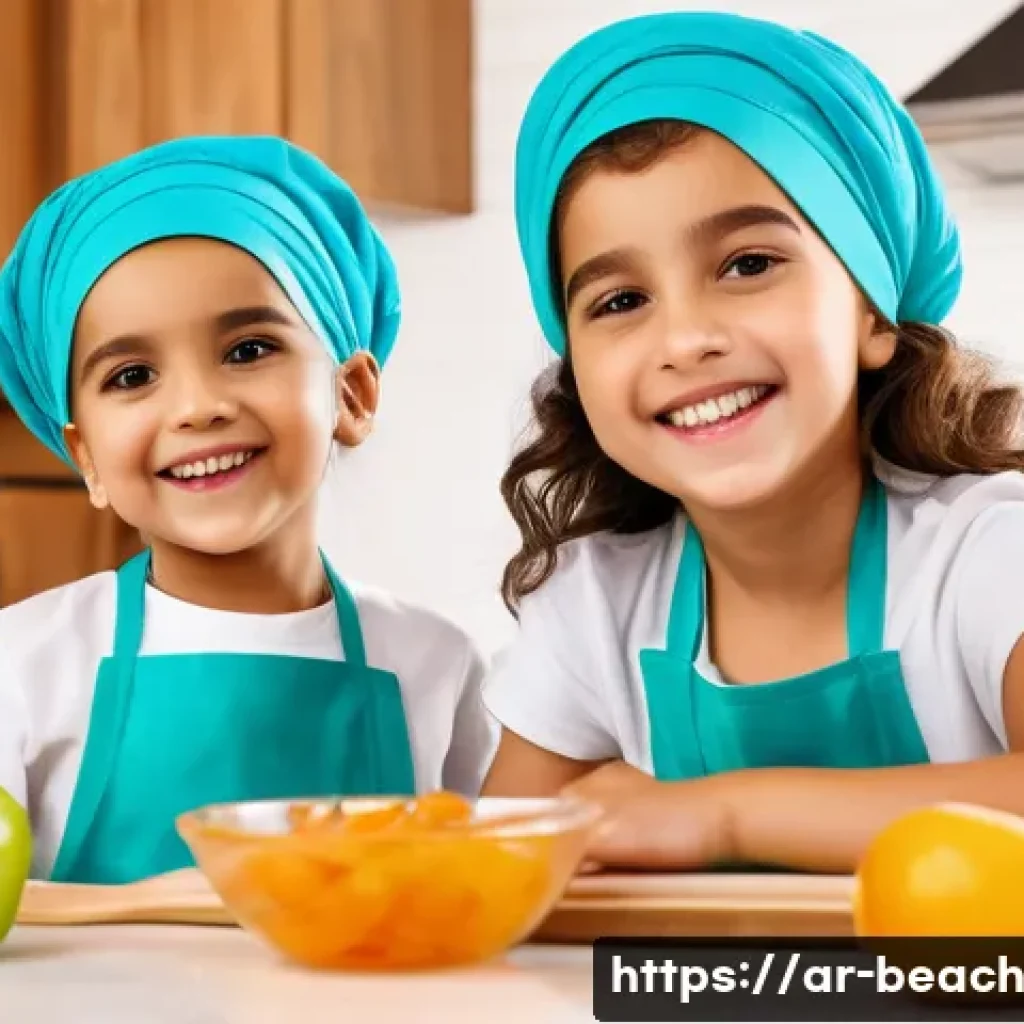 어린이를 위한 건강 간식 바 만들기 - A vibrant kitchen scene featuring an Arab mother and her young children (wearing colorful diapers) h...