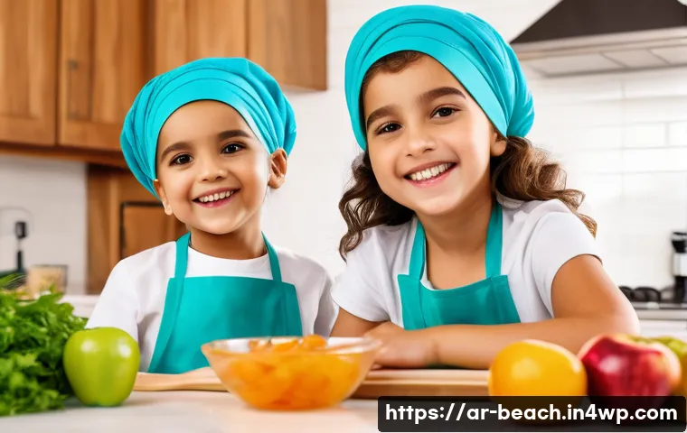 어린이를 위한 건강 간식 바 만들기 - A vibrant kitchen scene featuring an Arab mother and her young children (wearing colorful diapers) h...