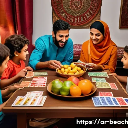 Home 31 식품 교육을 위한 패밀리 게임 나이트 - A lively family game night scene set in a traditional Middle Eastern living room, featuring a divers...
