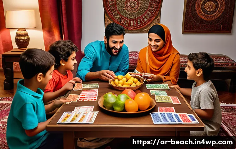 식품 교육을 위한 패밀리 게임 나이트 - A lively family game night scene set in a traditional Middle Eastern living room, featuring a divers...