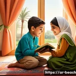 Home 18 어린이를 위한 식품 관련 동화책 읽기 - A vibrant, colorful illustration of a joyful Arabic boy and girl sitting together on a cozy carpet i...