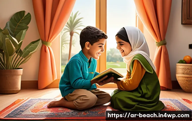 어린이를 위한 식품 관련 동화책 읽기 - A vibrant, colorful illustration of a joyful Arabic boy and girl sitting together on a cozy carpet i...