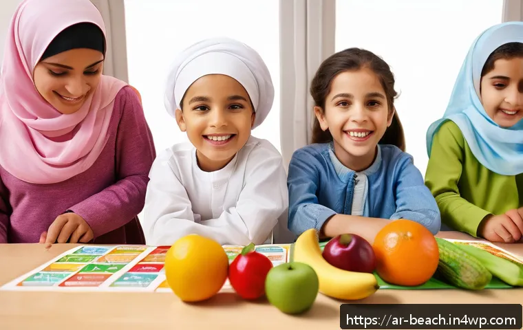 식품 교육을 위한 창의적인 교구 만들기 - A vibrant classroom scene in an Arabic school setting, featuring children aged 5-7 wearing modest, c...