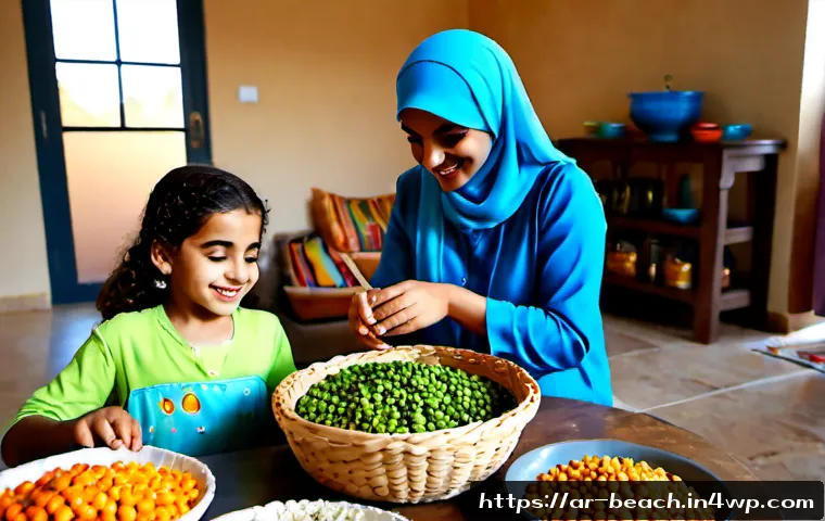 Home 17 놀이를 통한 비건 식품 교육 방법 - Photorealistic Arab family kitchen workshop, two children in modest colorful clothing playfully sort...