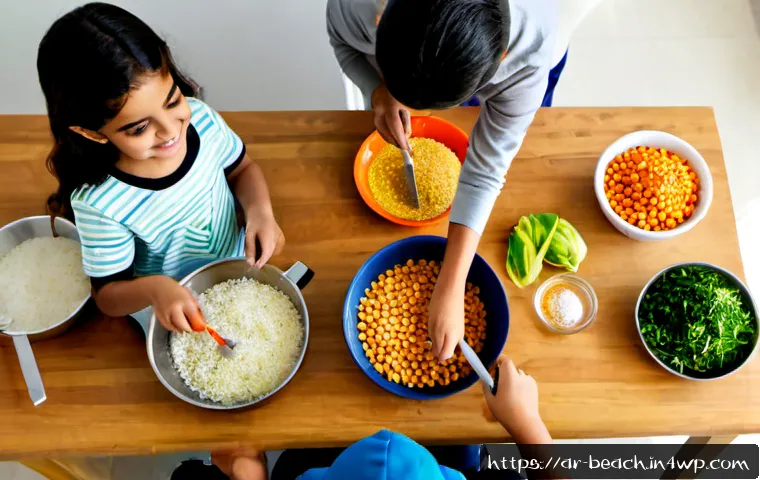 Home 17 식품 학습을 위한 재미있는 요리 레시피 - Photorealistic overhead view of a cheerful Arab family cooking a colorful educational meal together ...