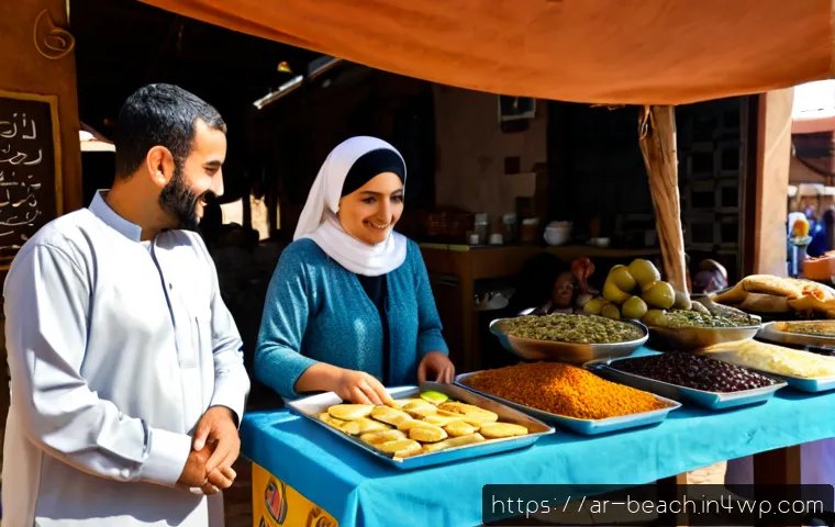 놀이를 통해 배우는 지역 식품 탐방 - Photorealistic family learning about regional foods through a friendly market scavenger game, Arab p...